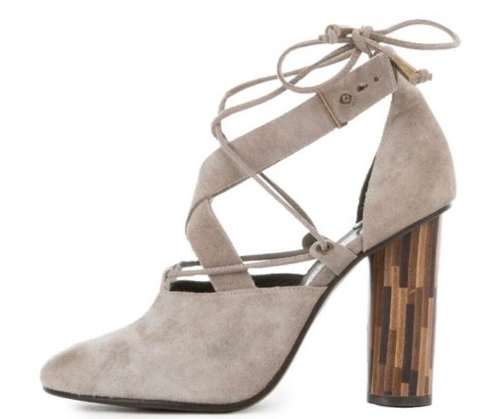 FREE PEOPLE Nouvella Suede Wrap Block Heels Shoes Grayish Beige Size 37 (US 7)
